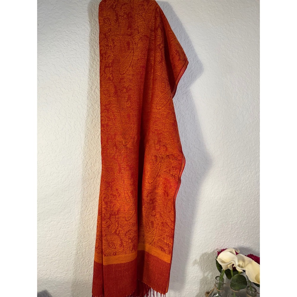 Pashmina Cashmere Silk Paisley Scarf Shawl Wrap Orange Red Made in Italy 27x74 - Picture 8 of 10